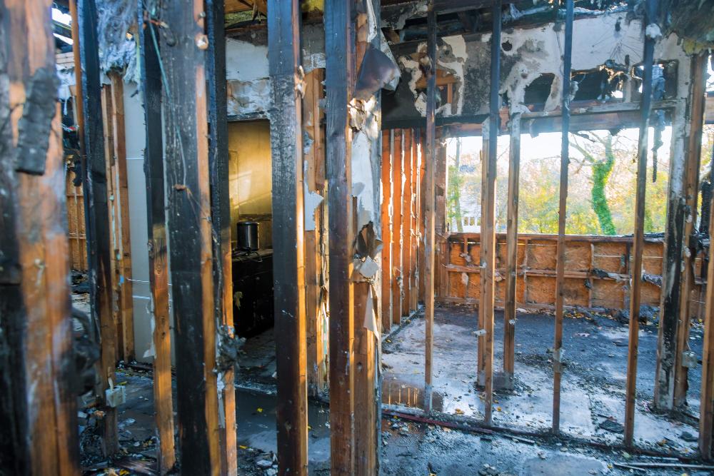 a burned out building with a door and windows